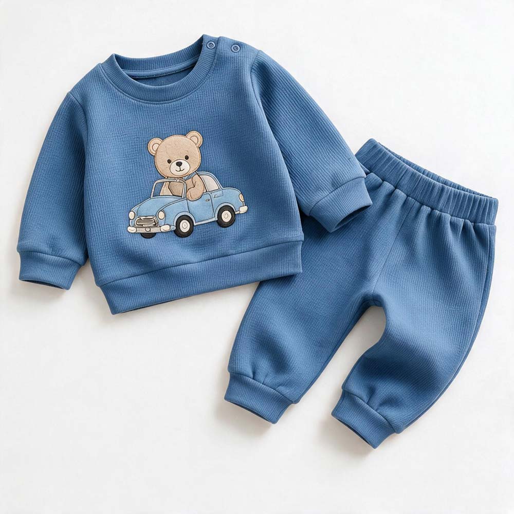Бебешки комплект Teddy Bear с дълъг ръкав за момче в синьо с мече и кола  Мариела VIRAKIDS