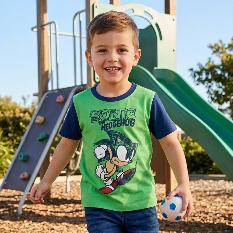 Памучна детска тениска Соник Power Green за момче на Севтекс | VIRAKIDS