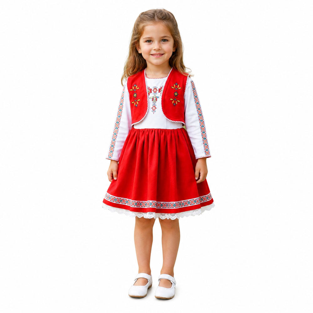 Традиционна фолклорна народна носия с бродерия за момиче с червен елек ETHNO | VIRAKIDS