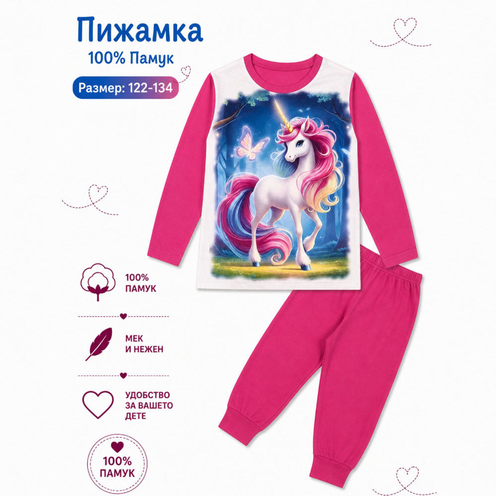Детска пижама с дълъг ръкав с еднорог момиче циклама КомТекс | VIRAKIDS